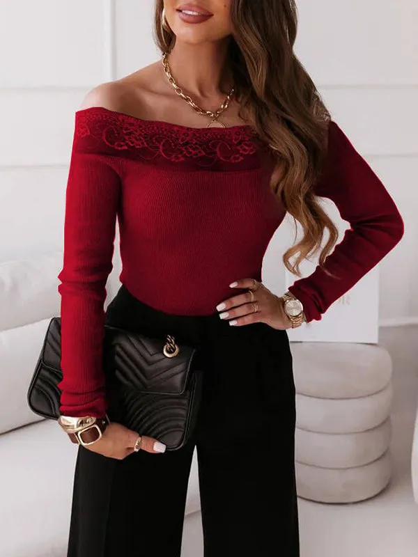 Airchics blouse dentelle col bateau slim manches longues femme élégant tops