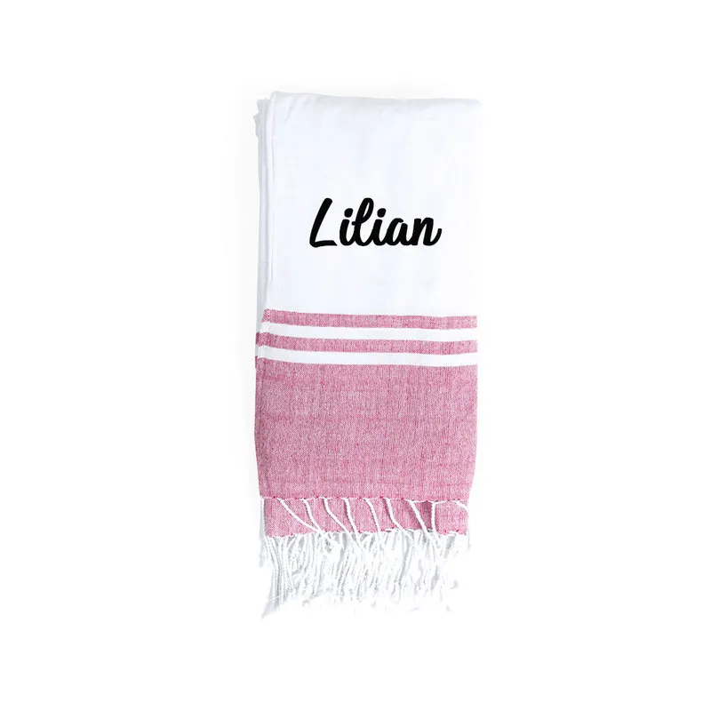 Fouta de plage blanche et rouge brodée et personnalisée au prénom (180x90cm)