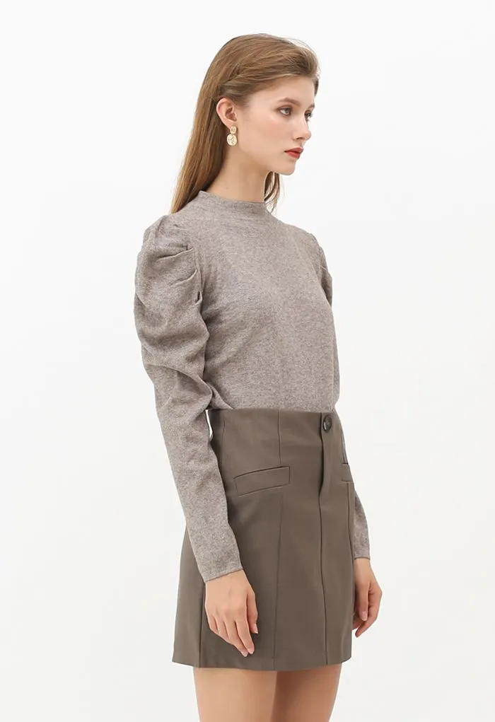 Haut en Tricot à Col Montant et Manches Bulles en Taupe