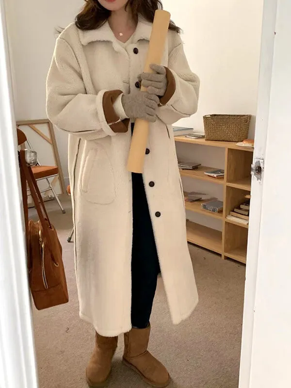 Hiver Manteau Long Doublé Polaire pour Femme Col Revers avec Poches