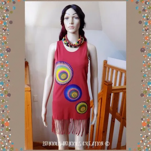 Originale top !! afrowax !! en coton rouge /multicolore african wax print long 88cm taille: 38 belicious-delicious-creation