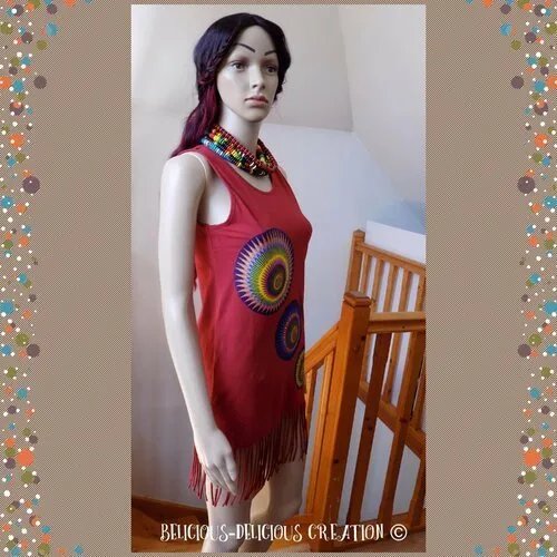 Originale top !! afrowax !! en coton rouge /multicolore african wax print long 88cm taille: 38 belicious-delicious-creation