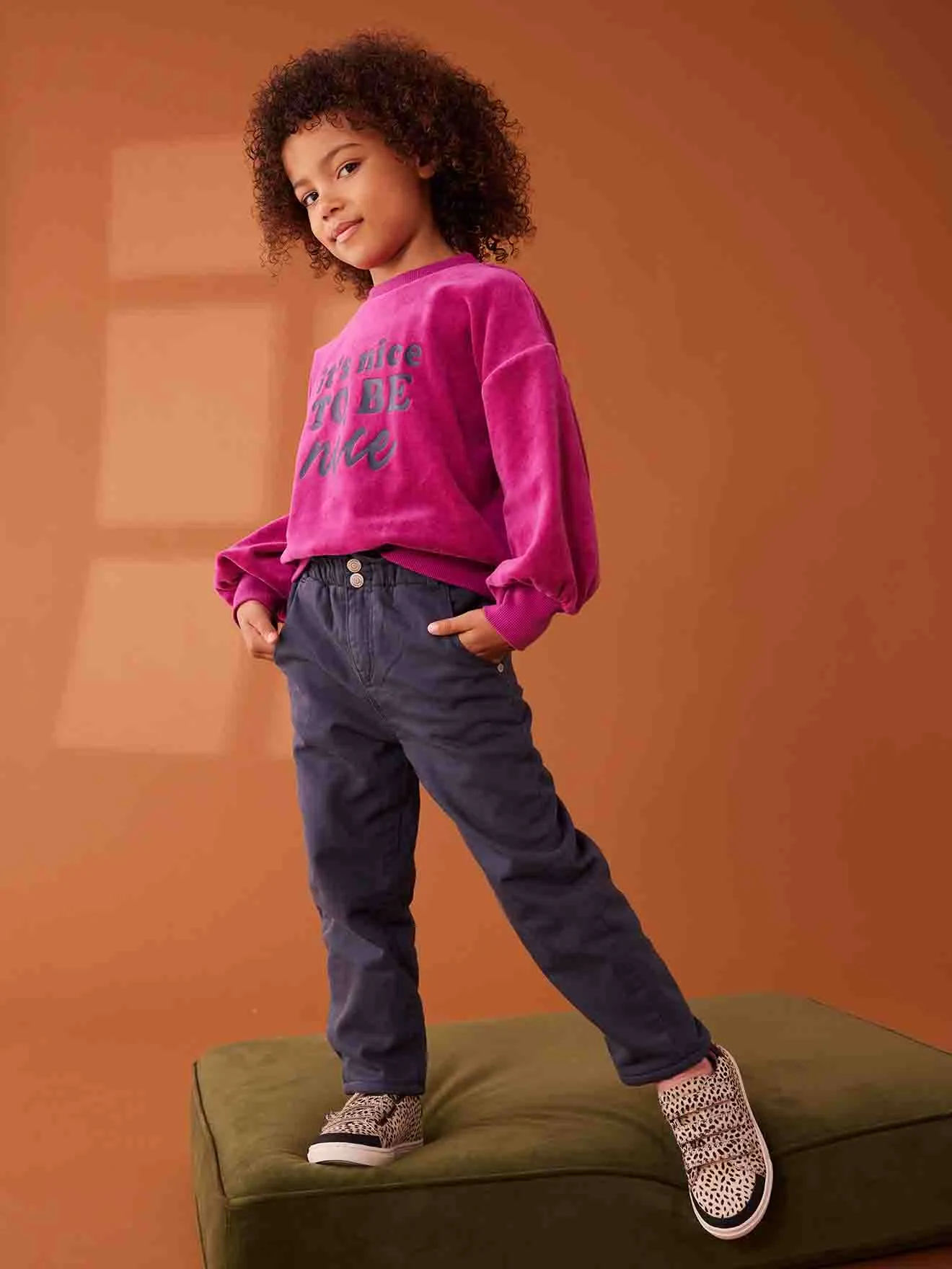 Pantalon style paperbag doublé polaire fille bleu nuit - Vertbaudet