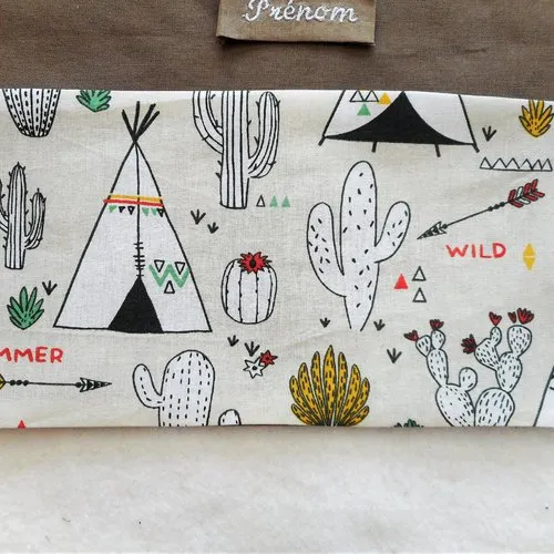 Pochon à chaussons, ecole crèche maternelle, sac bébé enfant, coton tipis et cactus, sac à doudou, prénom brodé