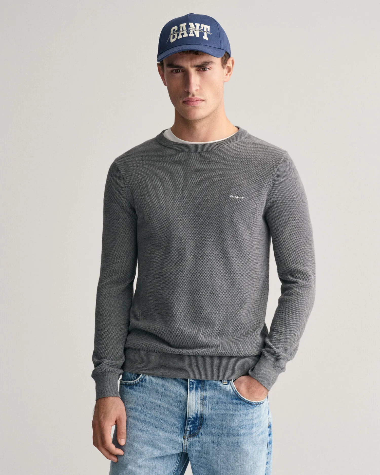 Pull ras du cou en coton piqué