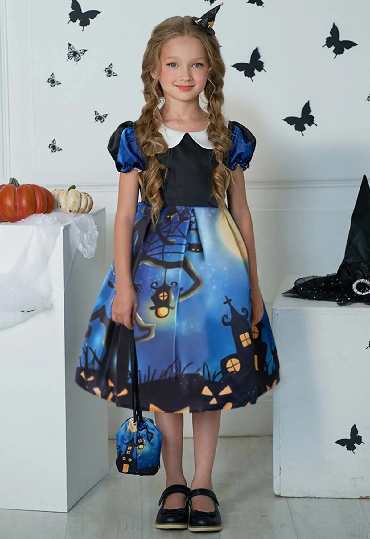 Robe d'Halloween à manches bulles pour enfants avec sac à main