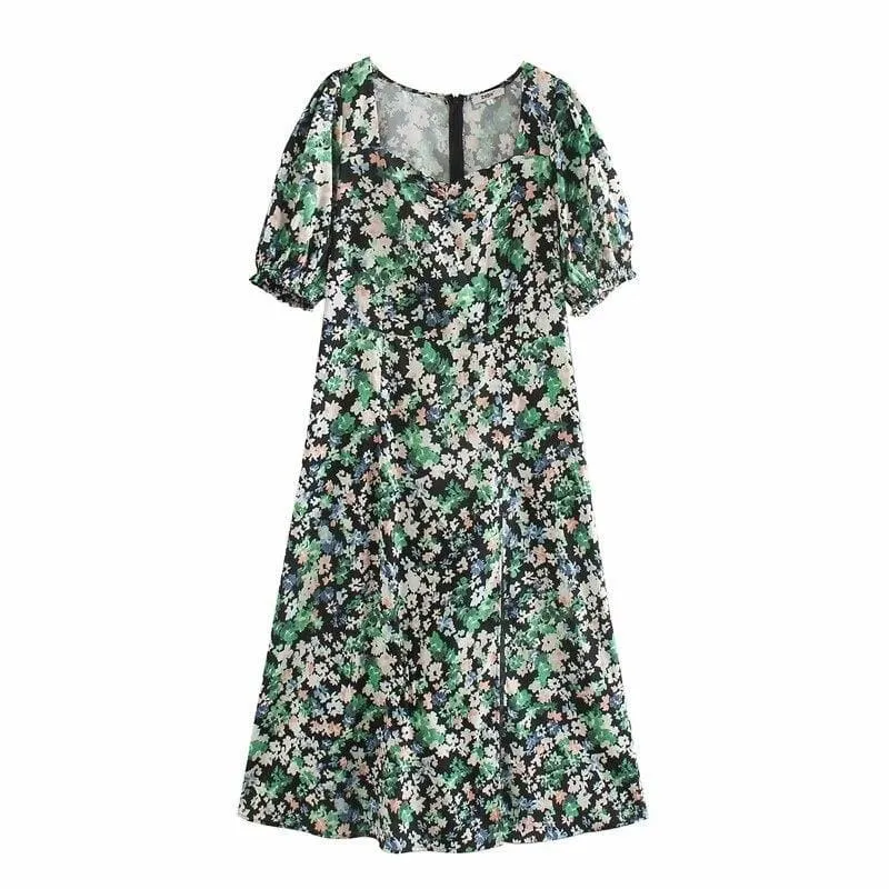 Robe Imprimée Vintage Vert
