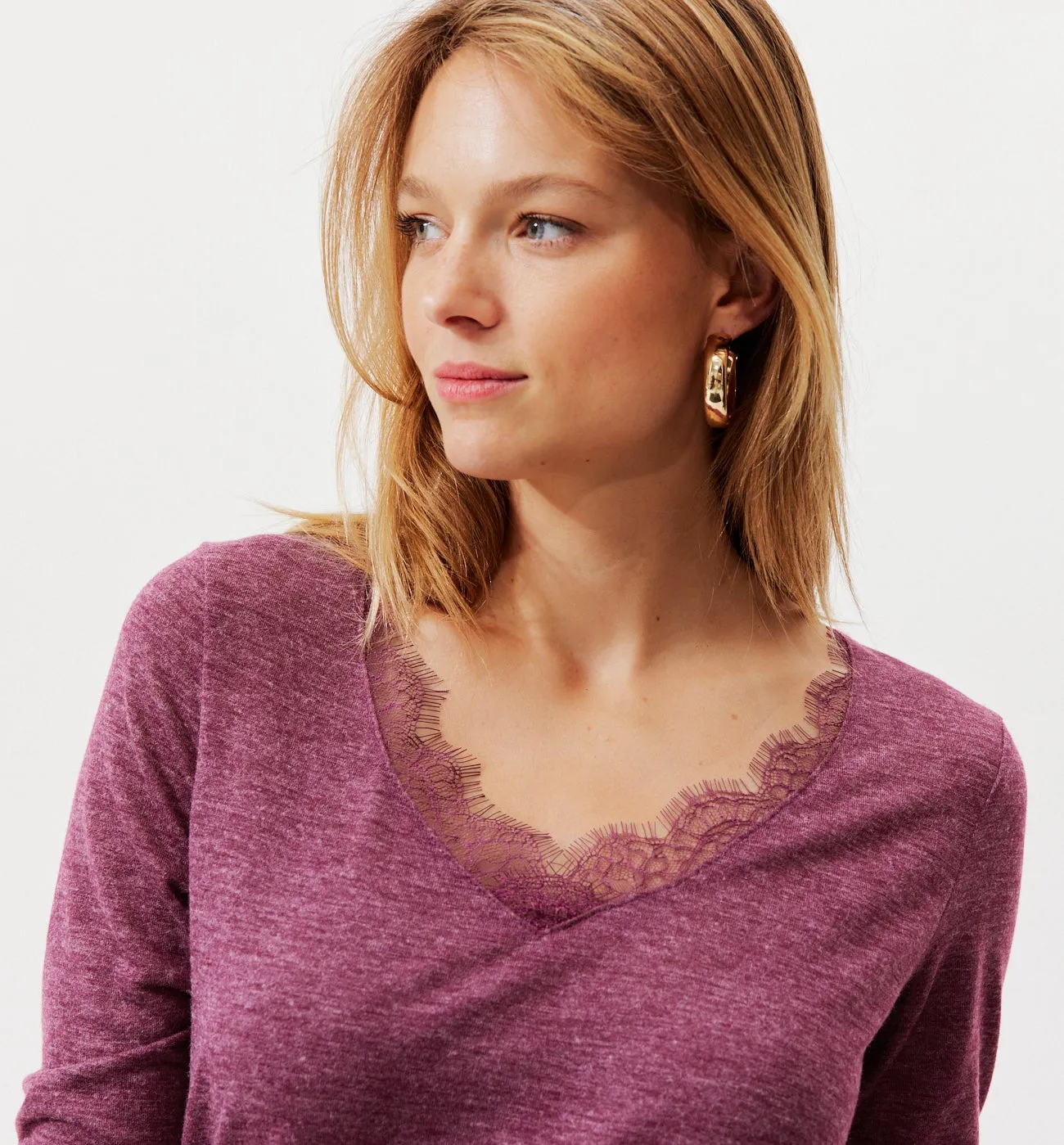 T-shirt détail dentelle Femme - Framboise