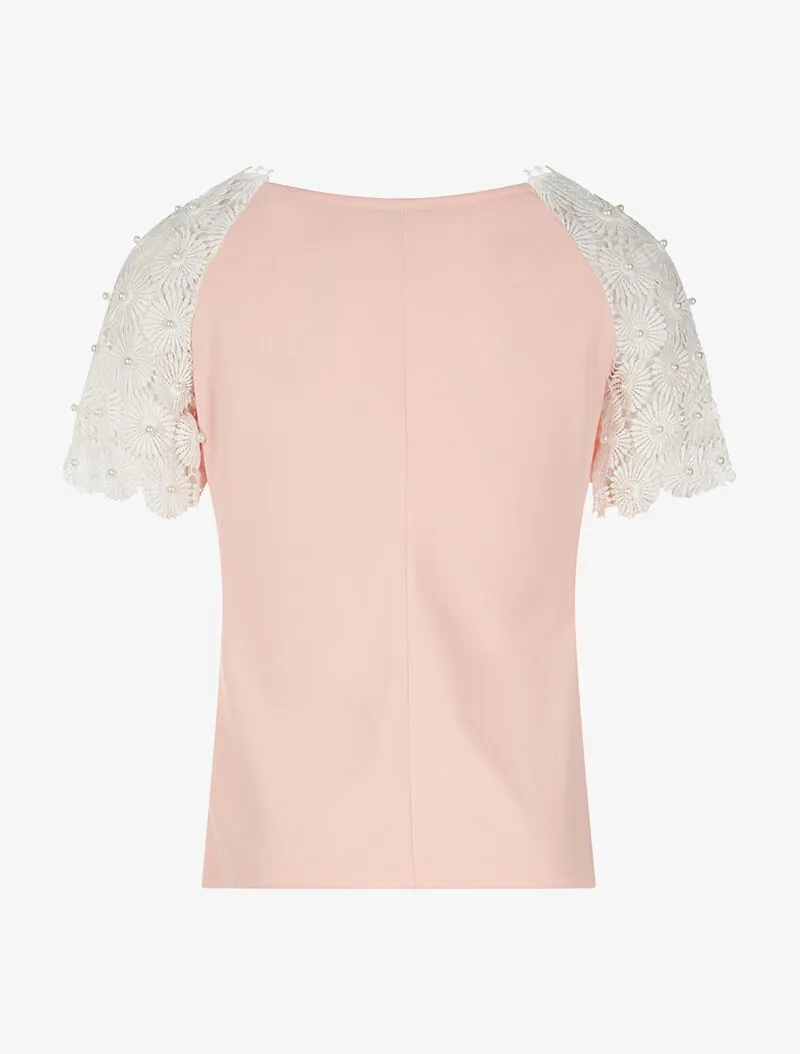 Top manches fleurs en dentelle - rose
